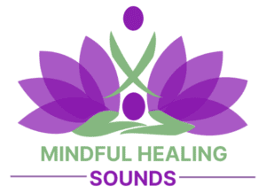 A logo of a person with purple flowers in the background.